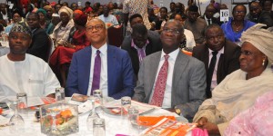 Former Governor of Lagos State, Mr. Babatunde Fashola, SAN (2nd right), Chairman and Founder of the Fate Foundation, Mr. Fola Adeola OFR (2nd left), Chief of Staff to Senate President, , Mr. Gbenga Makanjuola  (left) and the former Deputy Governor of Lagos State, Alhaja Lateefat Okunnu (right) during the  launch of three New Titles – The Great Leap, In Bold Print and The Lagos Blow Down, edited by Hakeem Bello and Dapo Adeniyi in honour of the former Governor of Lagos, Mr. Babatunde Fashola, at the Shell Hall of the Muson Centre, Victoria Island, Lagos, on Tuesday, August 18, 2015.