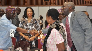 The immediate past Governor of Lagos State, Mr. Babatunde Fashola, SAN (right), former Commissioner for Commerce and Industry, Mrs. Olusola Oworu (2nd left), and his Establishments, Training and Pensions, Mr. Jide Sanwolu (left) during the launch of three New Titles – The Great Leap, In Bold Print and The Lagos Blow Down, edited by Hakeem Bello and Dapo Adeniyi in honour BRF, at the event