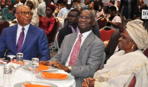 BRF (middle) flanked by the Chairman and Founder of the Fate Foundation, Mr. Fola Adeola OFR (left) and the former Deputy Governor of Lagos, Alhaja Lateefat Okunnu (right) during the launch of three New Titles