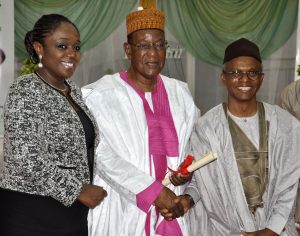 Minister of Finance, Kemi Adeosun(left); Most Consistent Tax Payer in Kaduna State, Elder Lema Jibrin and Kaduna State Governor Mallam Nasir El Rufai, during an interactive session on Voluntary Assets and Income Declaration Scheme in Kaduna in Kaduna on Thursday, March 1, 2018.