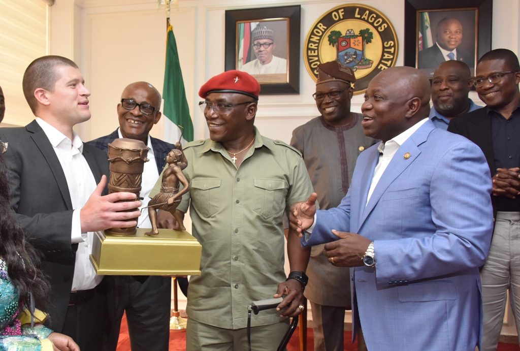 Lagos State Governor, Mr. Akinwunmi Ambode (right); Minister of Youth and Sports, Mr. Solomon Dalung (2nd right); Chairman, Lagos State Sports Commission, Mr. Kweku Tandoh (2nd left) and Manager, World Para Powerlifting Competition, Mr. Sam Munkley (left) during a courtesy visit by the Sports Minster and delegation from the International Paralympics Committee at Lagos House, Alausa, Ikeja, on Thursday, June 7, 2018. Behind them are Permanent Secretary, Lagos State Ministry of Youth & Social Development, Mr. Hakeem Muri-Okunla (right); Commissioner for Youth & Social Development, Mr. Agboola Dabiri (2nd right) and his counterpart for Special Duties & Inter-Governmental Relations, Mr. Oluseye Oladejo (3rd right).  