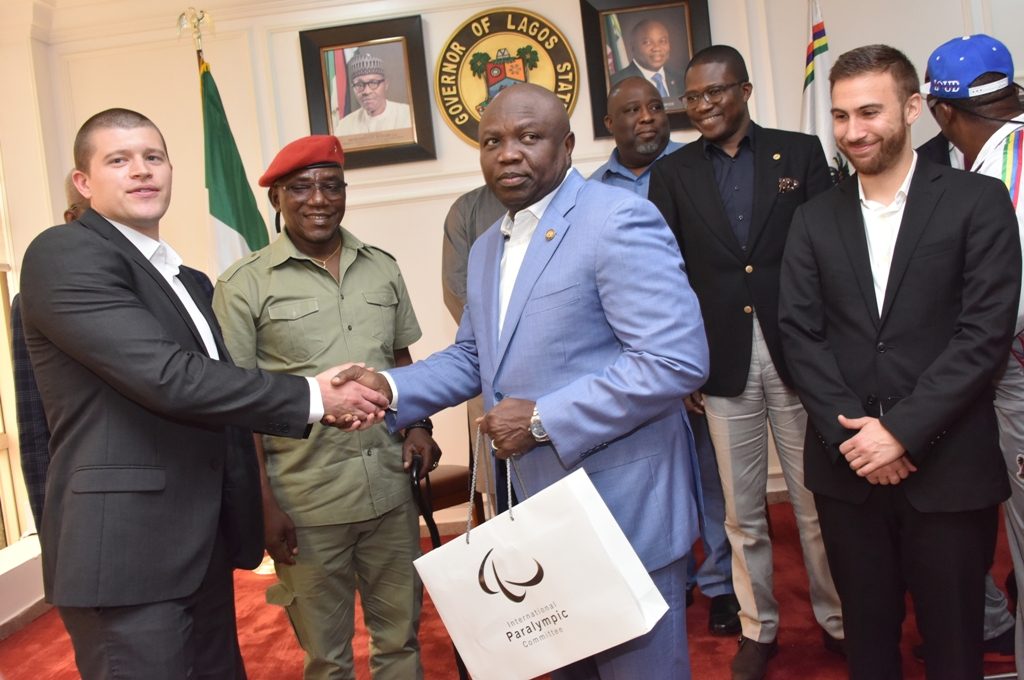 Lagos State Governor, Mr. Akinwunmi Ambode (2nd right), with Manager, World Para Powerlifting Competition, Mr. Sam Munkley (left); Development Coordinator, World Para Powerlifting, Mr. Dillion Richardson (right) and Minister of Youth and Sports, Mr. Solomon Dalung (2nd left) during a courtesy visit by the Sports Minster and delegation from the International Paralympics Committee at Lagos House, Alausa, Ikeja, on Thursday, June 7, 2018.  