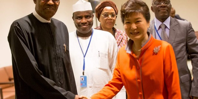 Pics!Buhari meets south Korea female president in new york