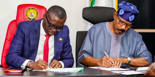 PHOTO NEWS: GOV. SANWO-OLU, SEN. MAMORA  AT SIGNING OF AGREEMENT FOR COOPERATION BETWEEN LASWA AND NIWA AT LAGOS HOUSE, ALAUSA, IKEJA, ON MONDAY, JULY 29, 2019