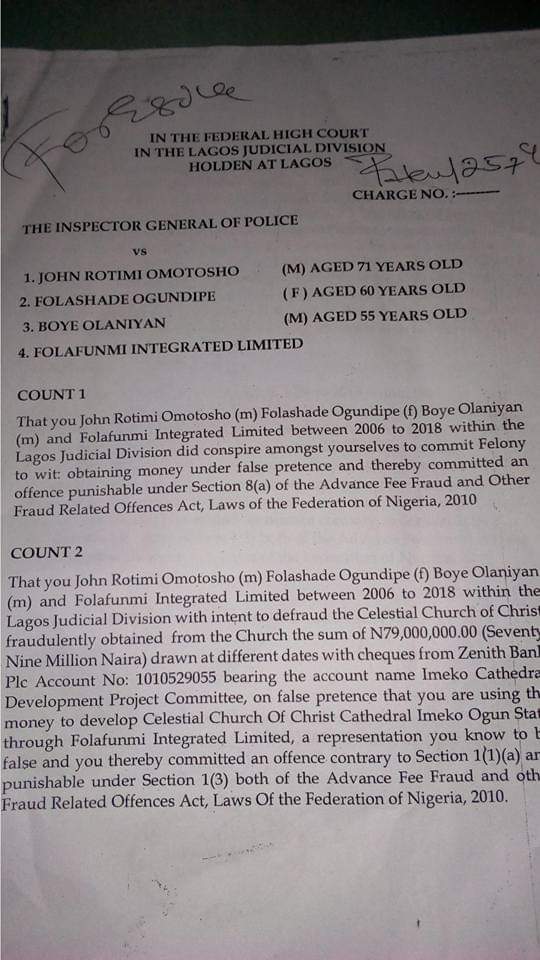 JOROTOM, FOLASHADE OGUNDIPE, BOYE OLANIYAN CHARGED TO COURT FOR DEFRAUDING CELESTIAL CHURCH OF CHRIST OF MILLIONS OF NAIRA.