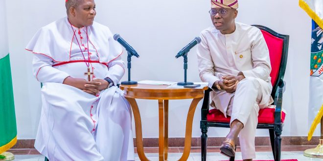 ARCHBISHOP OF LAGOS MAINLAND DIOCESE, MOST REV. (DR) OBAFEMI ADELEYE PAY COURTESY CALL TO GOV. SANWO-OLU AT THE LAGOS HOUSE, MARINA, ON TUESDAY, 30TH APRIL 2024