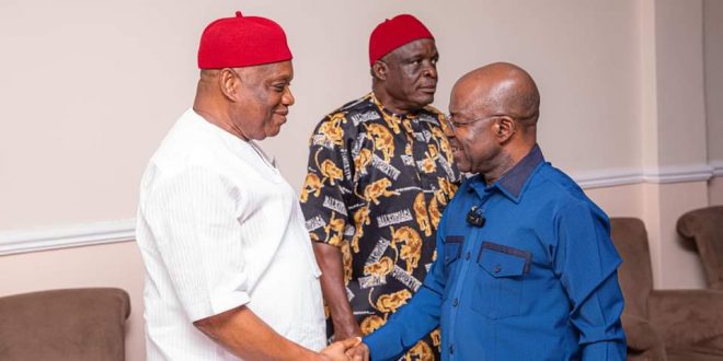 “Governor Otti Emphasizes Unity Over Partisanship in Meeting with Senator Orji Kalu”