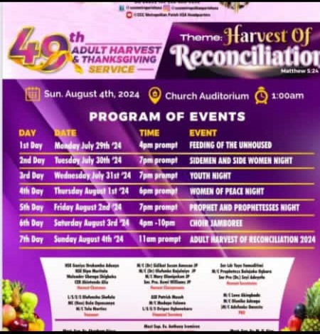 “Celestial Church of Christ USA Kicks Off 49th Adult Harvest Week with Theme ‘Harvest of Reconciliation'”