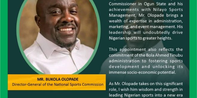 “Olopade’s Appointment as Director-General Marks a New Era for Nigerian Sports – GNI”