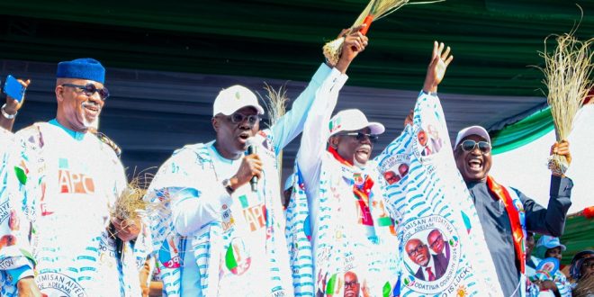 PICTURES: VICE PRESIDENT SHETTIMA, GOVS. SANWO-OLU, ABIODUN, OYEBANJI, OTHERS AT APC GUBER RALLY FOR AIYEDATIWA AT MKO ABIOLA DEMOCRACY PARK, AKURE ON TUESDAY, 13 NOVEMBER 2024